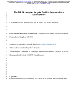 The Ndc80 Complex Targets Bod1 to Human Mitotic Kinetochores
