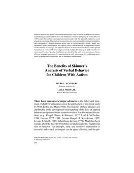 The Benefits of Skinner's Analysis of Verbal Behavior for Children with Autism