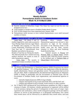 Weekly Bulletin Humanitarian Action in Southern Sudan Week 10, 9-15 March 2008