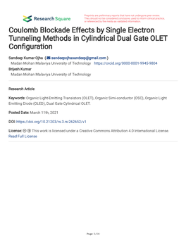 Coulomb Blockade Effects by Single Electron Tunneling Methods in Cylindrical Dual Gate OLET Confguration