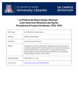 La Política Del Buen Amigo: Mexican-Latin American Realtions During the Presidency of Lázaro Cárdenas, 1934-1940