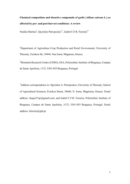 Chemical Composition and Bioactive Compounds of Garlic (Allium Sativum L.) As Affected by Pre- and Post-Harvest Conditions: a Review