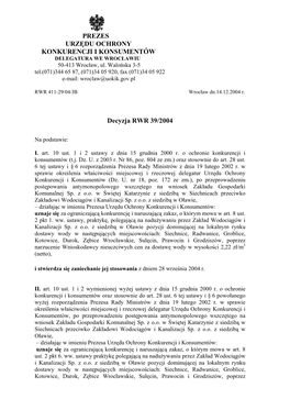 PREZES URZĘDU OCHRONY KONKURENCJI I KONSUMENTÓW DELEGATURA WE WROCŁAWIU 50-413 Wrocław, Ul