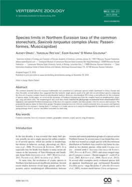 Species Limits in Northern Eurasian Taxa of the Common Stonechats, Saxicola Torquatus Complex (Aves: Passeri­ Formes, Muscicapidae)