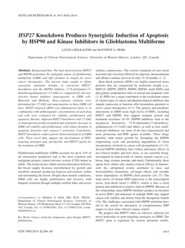 HSP27 Knockdown Produces Synergistic Induction of Apoptosis by HSP90 and Kinase Inhibitors in Glioblastoma Multiforme