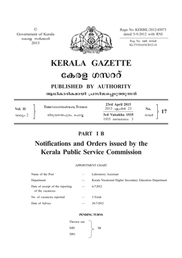 PART I B Notifications and Orders Issued by the Kerala Public Service Commission