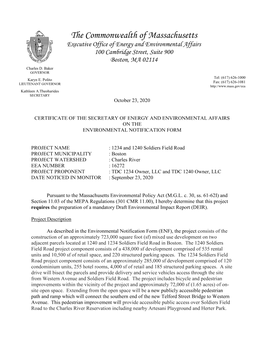 The Commonwealth of Massachusetts Executive Office of Energy and Environmental Affairs 100 Cambridge Street, Suite 900 Boston, MA 02114 Charles D