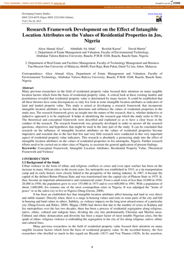 Research Framework Development on the Effect of Intangible Location Attributes on the Values of Residential Properties in Jos, Nigeria