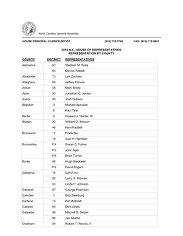 2015 N.C. House of Representatives Representation by County