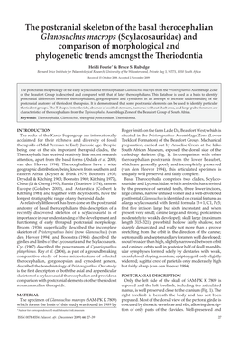 The Postcranial Skeleton of the Basal Therocephalian Glanosuchus Macrops