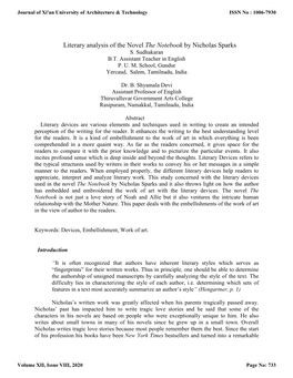 Literary Analysis of the Novel the Notebook by Nicholas Sparks S