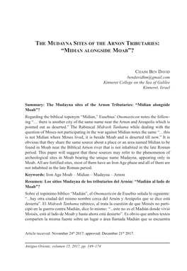 The Mudayna Sites of the Arnon Tributaries: “Midian Alongside Moab”?