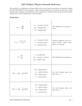 SAT Subject Physics Formula Reference Kinematics