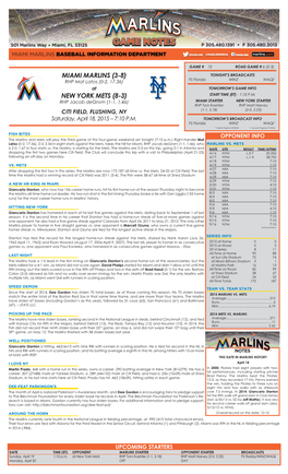 Miami Marlins (3-8) New York Mets (8-3)