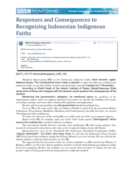 Responses and Consequences to Recognizing Indonesian Indigenous Faiths