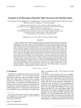 Energetics of M2 Barotropic-To-Baroclinic Tidal Conversion at the Hawaiian Islands � G