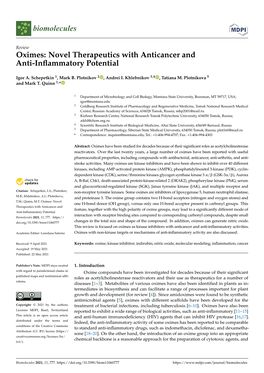 Oximes: Novel Therapeutics with Anticancer and Anti-Inflammatory