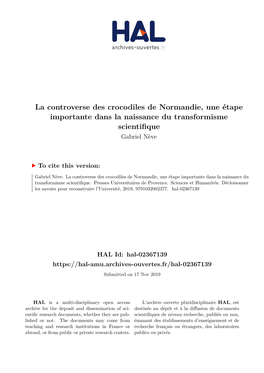 La Controverse Des Crocodiles De Normandie, Une Étape Importante Dans La Naissance Du Transformisme Scientifique Gabriel Nève