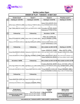 Serbia Ladies Open ORDER of PLAY - TUESDAY, 18 MAY 2021