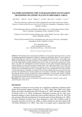 Factors Governing the Naturalization-To-Invasion Transition of Exotic Plants in Shenzhen, China