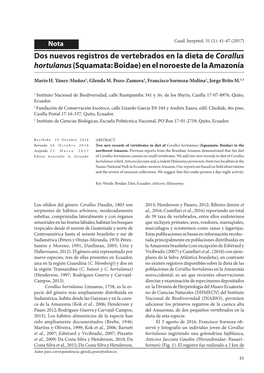 Dos Nuevos Registros De Vertebrados En La Dieta De Corallus Hortulanus (Squamata: Boidae) En El Noroeste De La Amazonía