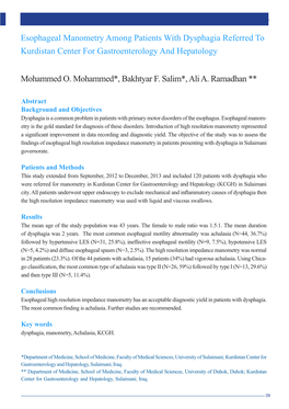 Esophageal Manometry Among Patients with Dysphagia Referred to Kurdistan Center for Gastroenterology and Hepatology