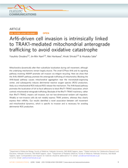 Arf6-Driven Cell Invasion Is Intrinsically Linked to TRAK1-Mediated Mitochondrial Anterograde Trafﬁcking to Avoid Oxidative Catastrophe