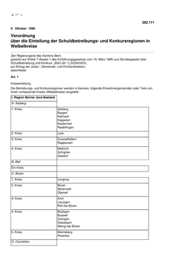 Verordnung Über Die Einteilung Der Schuldbetreibungs- Und Konkursregionen in Weibelkreise