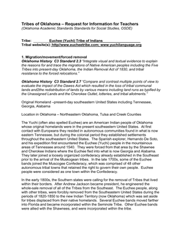 Tribes of Oklahoma – Request for Information for Teachers (Oklahoma Academic Standards Standards for Social Studies, OSDE)