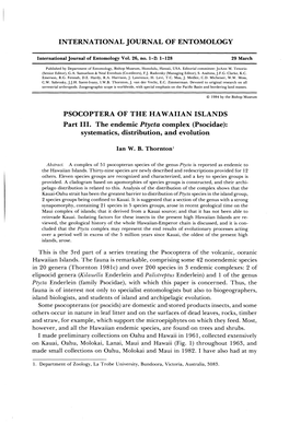 INTERNATIONAL JOURNAL of ENTOMOLOGY PSOCOPTERA of the HAWAIIAN ISLANDS Part III. the Endemic Ptycta Complex