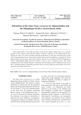 Infestation of the Clam Venus Verrucosa by Sipunculoidea and the Lithophagus Bivalve, Gastrochaena Dubia