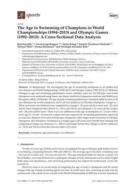 The Age in Swimming of Champions in World Championships (1994–2013) and Olympic Games (1992–2012): a Cross-Sectional Data Analysis