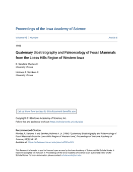 Quaternary Biostratigraphy and Paleoecology of Fossil Mammals from the Loess Hills Region of Western Iowa