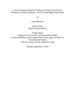 A Socio-Ecological Approach to Measure Progress for Ontario's Transition to a Green Economy: the Use of the Happy Planet Inde