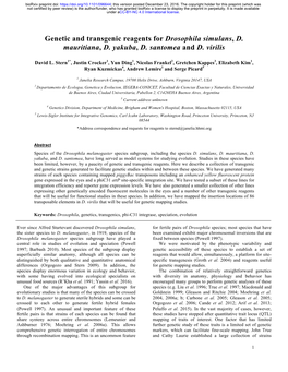 Genetic and Transgenic Reagents for Drosophila Simulans, D. Mauritiana, D