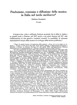 Produzione, Consumo E Diffusione Della Musica in Italia Nel Tardo Medioevo*