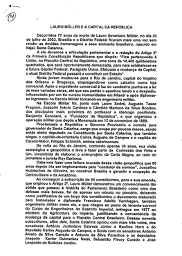 LAURO MULLER E a CAPITAL DA REPUBLICA Decorridos 77 Anos