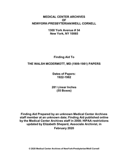 The Walsh Mcdermott, Md (1909-1981) Papers