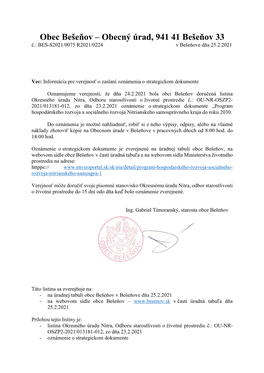 Obec Bešeňov – Obecný Úrad, 941 41 Bešeňov 33 Č.: BES-S2021/0075 R2021/0224 V Bešeňove Dňa 25.2.2021