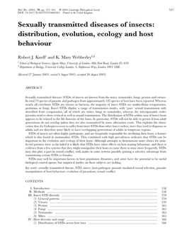 Sexually Transmitted Diseases of Insects: Distribution, Evolution, Ecology and Host Behaviour