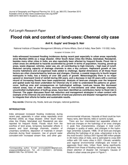 Flood Risk and Context of Land-Uses: Chennai City Case