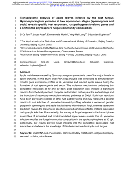 Transcriptome Analysis of Apple Leaves Infected by the Rust