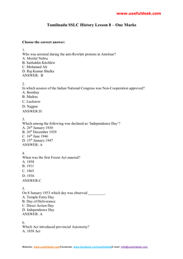 Tamilnadu SSLC History Lesson 8 – One Marks