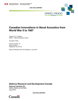 Canadian Innovations in Naval Acoustics from World War II to 1967
