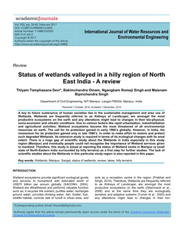 Status of Wetlands Valleyed in a Hilly Region of North East India - a Review