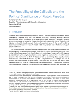 The Possibility of the Callipolis and the Political Significance of Plato's
