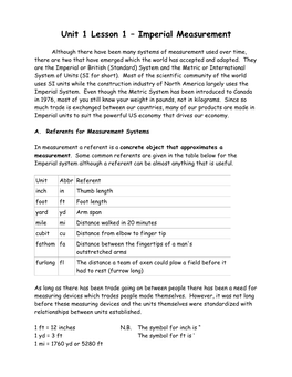 Unit 1 Lesson 1 – Imperial Measurement