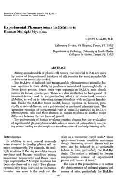 Experimental Plasmacytomas in Relation to Human Multiple Myeloma