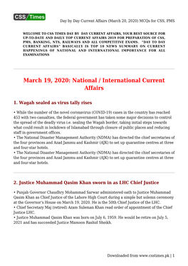 Day by Day Current Affairs (March 20, 2020) Mcqs for CSS, PMS