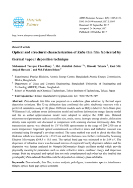 Optical and Structural Characterization of Znse Thin Film Fabricated by Thermal Vapour Deposition Technique